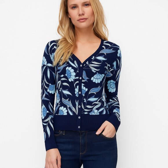NWT White House Black Market Snap Cardigan Jacobean Bliss Twilight Navy #WHBM31